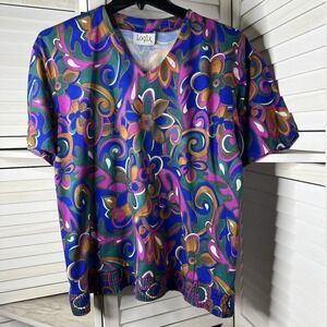 Vintage Logix 90s‎ Bold Floral Abstract Top V-Neck Elastic Hem Women's **XL-Read